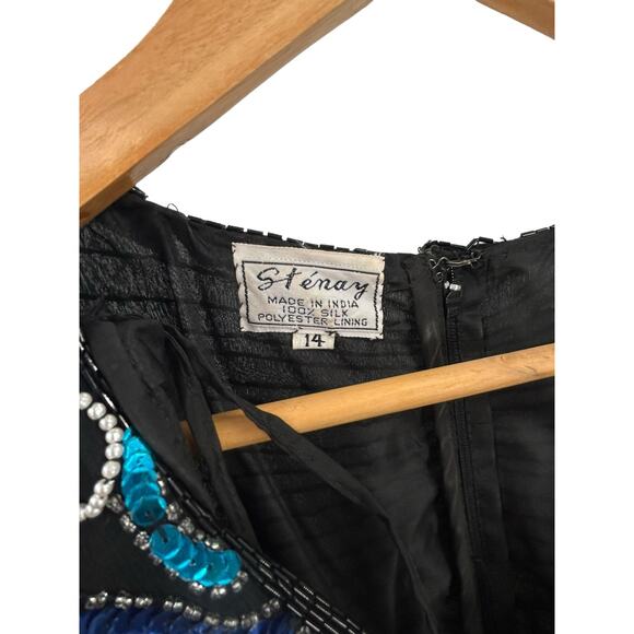 Stenay Silk Blue Sequin 80’s Black and Blue‎ Cocktail Dress Size 14 - Picture 4 of 12